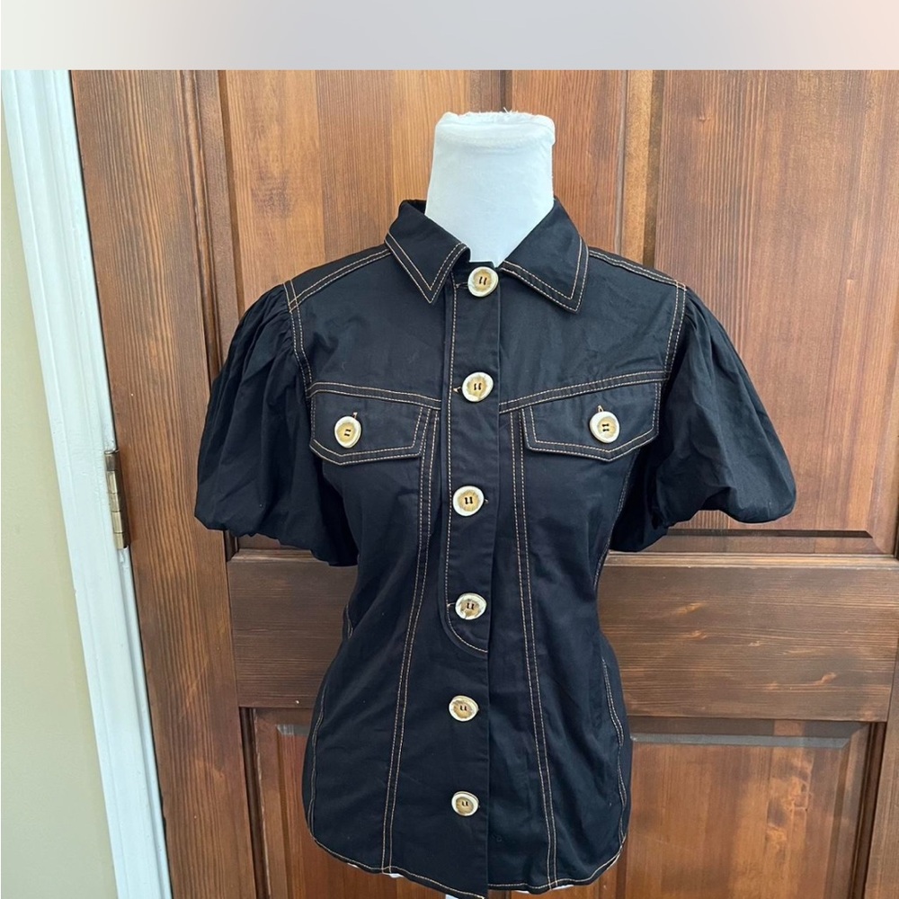 C/MEO Collective Black Puff Sleeve Button-Front Blouse
